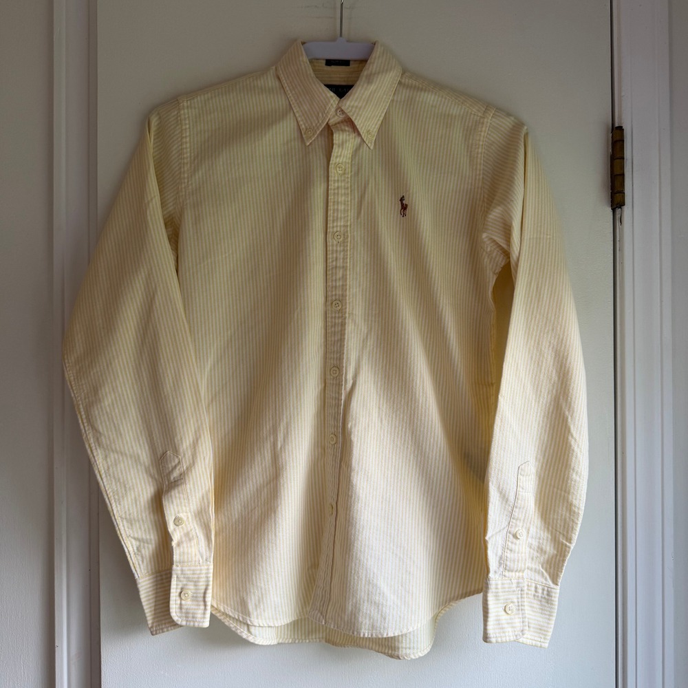 Ralph Lauren Slim Fit Yellow White Striped Cotton Oxford Shirt Womens 2